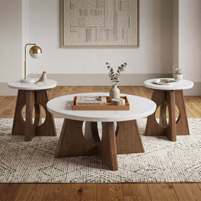 Briarden Genuine Marble Top Coffee Table Set With Cutout And Cross Shape Pedestal Base