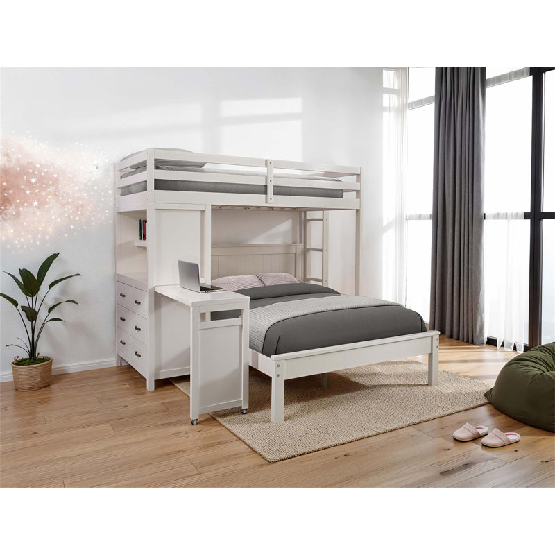 Lit superposé simple de style contemporain avec 3 tiroirs, tablette ouverte, échelle et bureau intégré au fini blanc