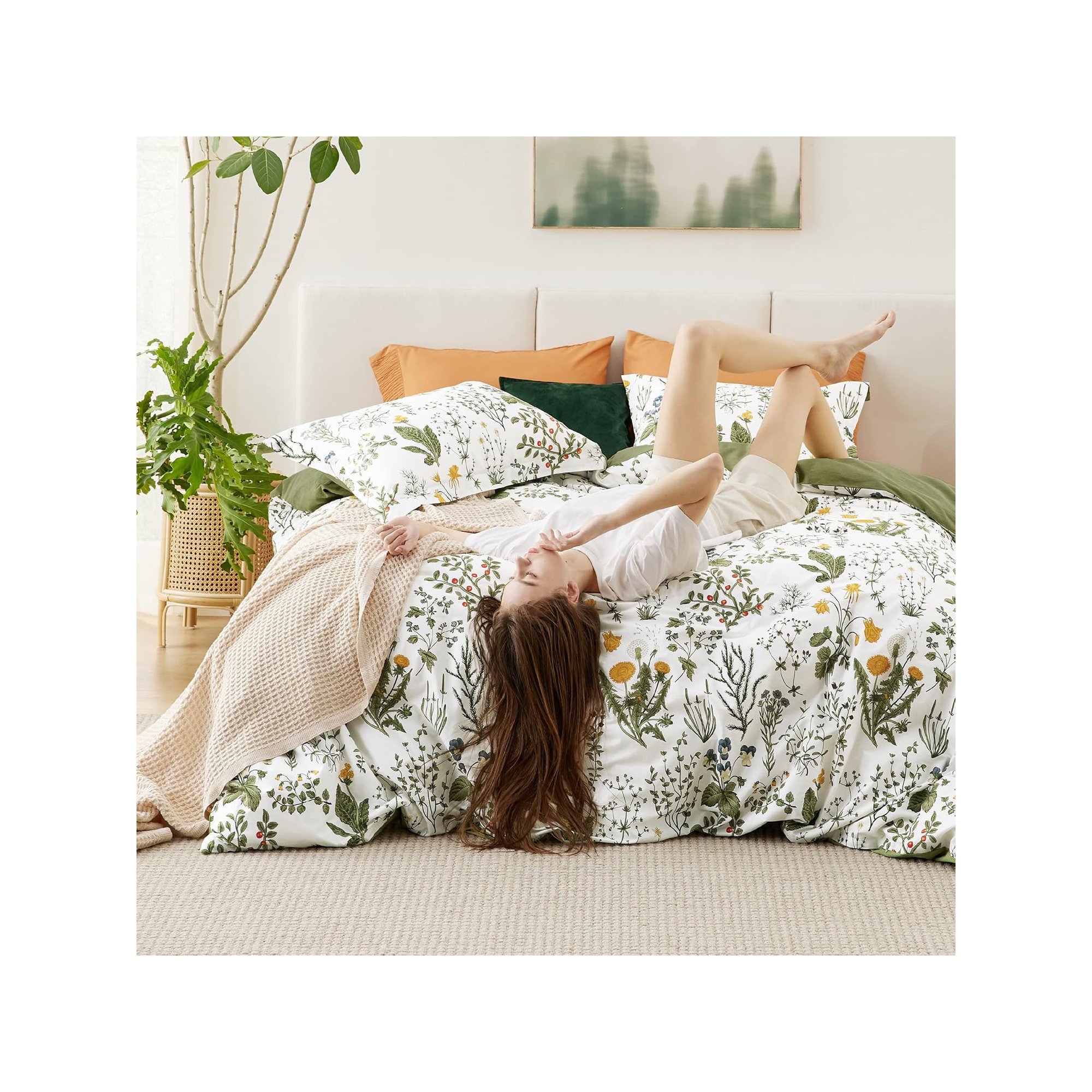 Bedsure 100% Cotton Reversible Floral Duvet Cover Set, Green/Yellow Floral, King Duvet Cover + 2 King Shams