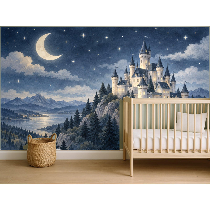 Fairytale Castle Night Wallpaper Mural, Peel and Stick Kids Room Wall Mural, Watercolor Nursery Wallpaper Made to Measure