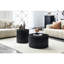 Table basse gigogne 2 pièces, design colonnes romaines, fini bois noir veiné, idéale pour la chambre, avec rangement pour magazines et sous-verres.