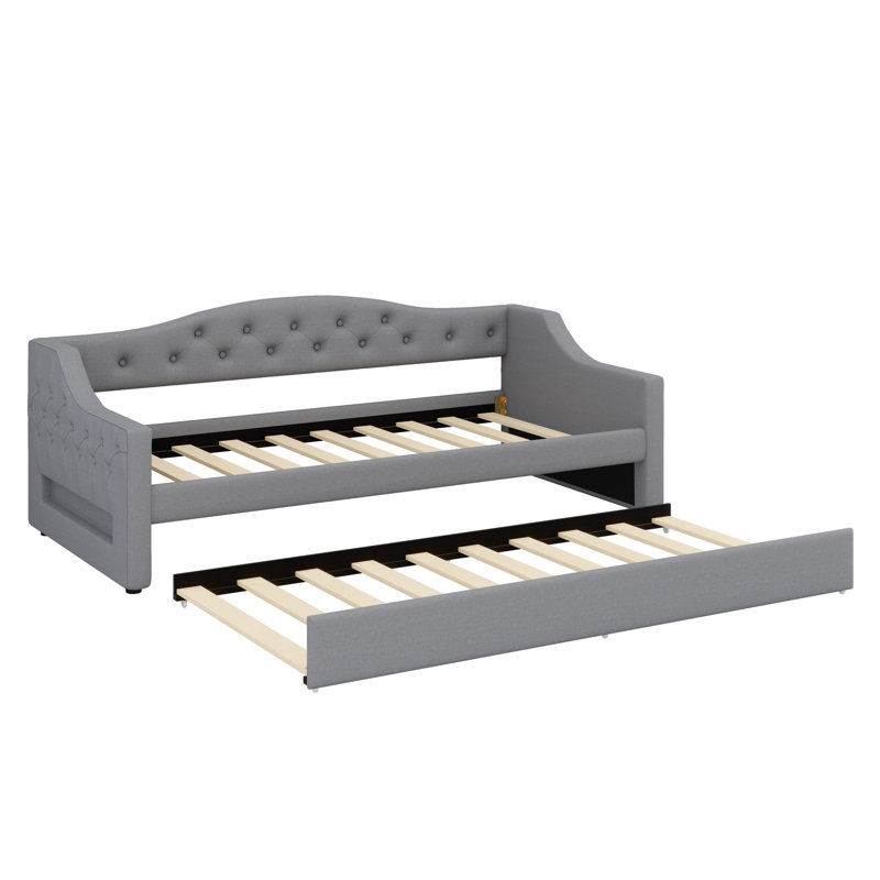 Upholstered Daybed With LED Belt And Trundle, Gray