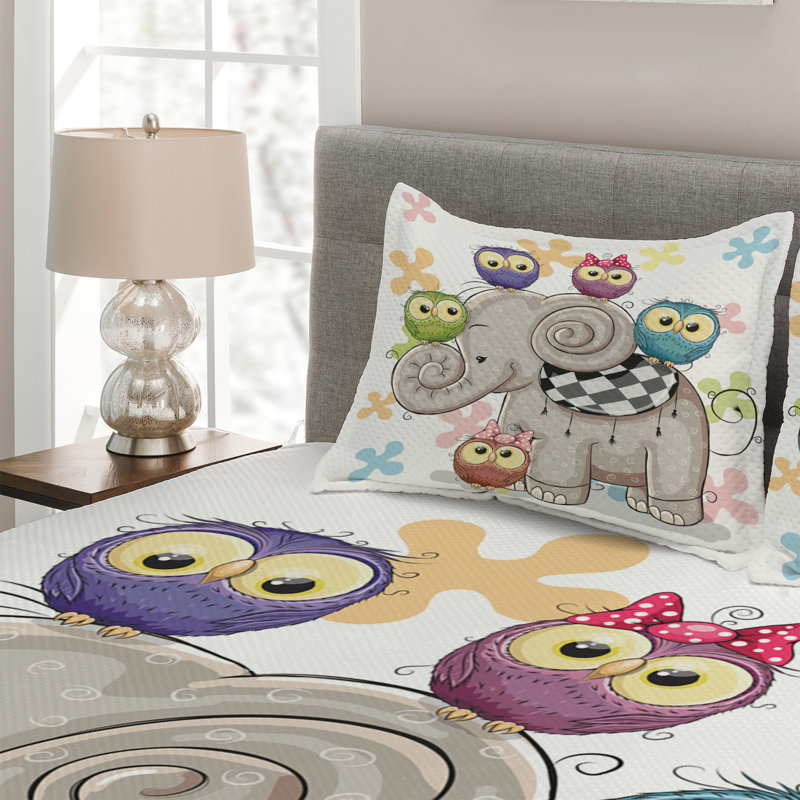 Kids Unisex White Quilted Bedspread Set with Owl Design