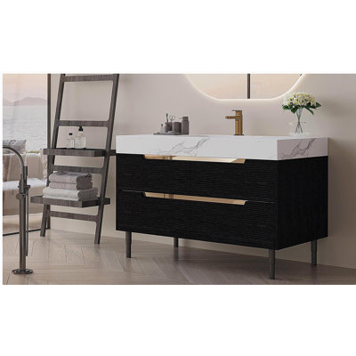 35.4" Modern Bathroom Vanity with Undermount Sink, Sintered Stone Top, Waterproof Multi-layer Solid Wood, 4 Drawers Storage, Free-standing/Wall-Mounted