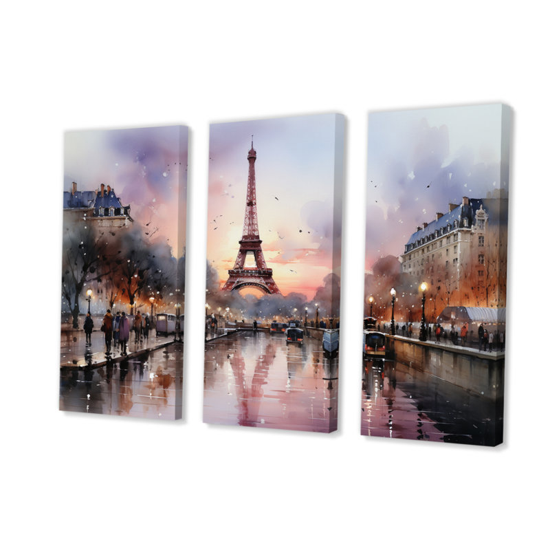 " Pink Twilight Rendezvous In Paris III " 3 - Pieces, 40" H x 60" W x 1" D