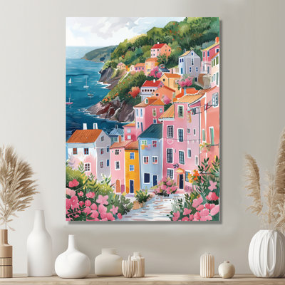 Rose, vert, charmant, Italie, bord de mer, village I - décoration murale Italie