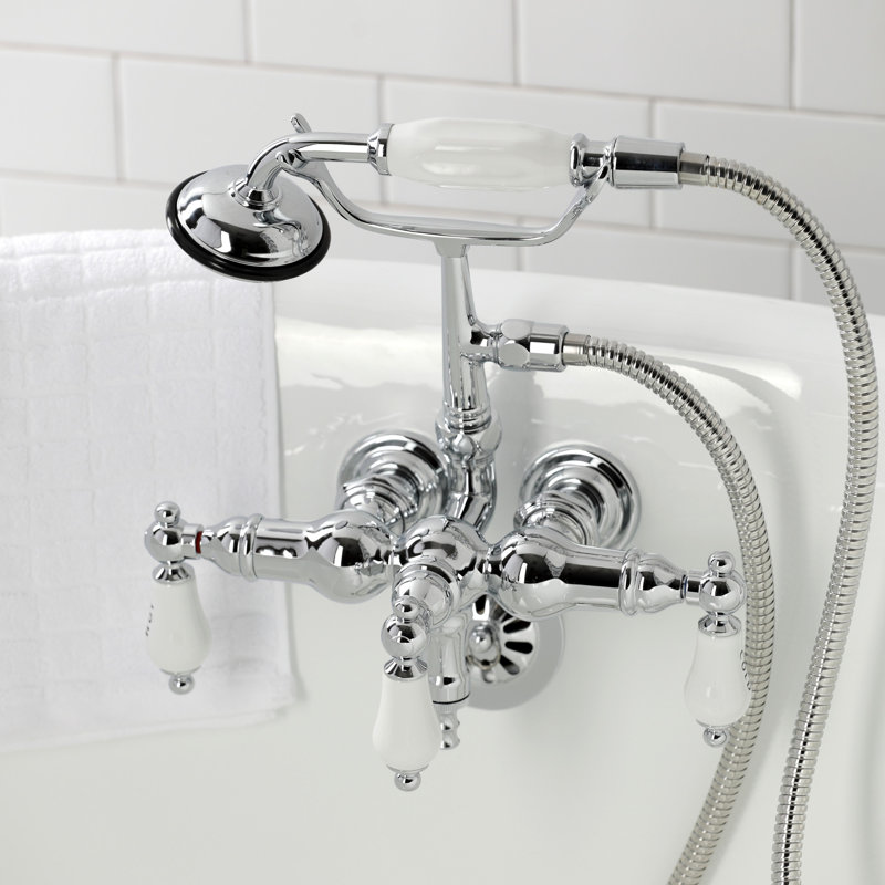 Kingston Brass Vintage Three-Handle 2-Hole Tub Wall Mount Clawfoot Tub Faucet with Hand Shower, Polished Chrome