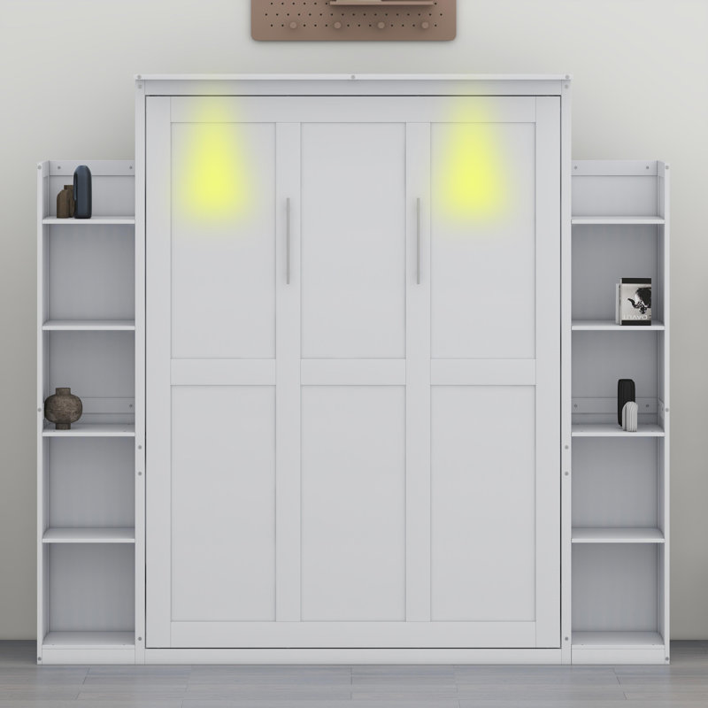 Lit mural peu encombrant avec tablettes intégrées et éclairage DEL, Blanc