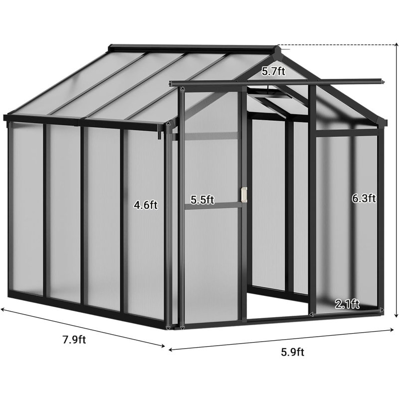 6x8 FT Greenhouse, Walk-in Polycarbonate Greenhouses with Roof Vent, Lockable Sliding Door & Aluminum Frame, Outdoor Garden Greenhouse Kit