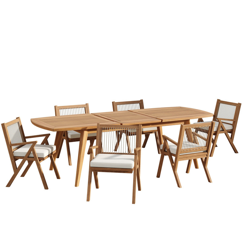 Ensemble repas extensible 7 pièces avec table en bois d'acacia et chaises à dossier en corde, teck