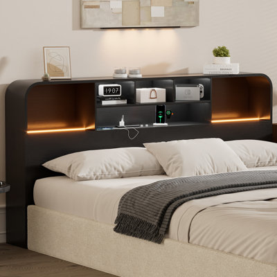 Rounded-Edge Wood Grain Bookcase Headboard with LED Lighting & Built-In Charging Station, King