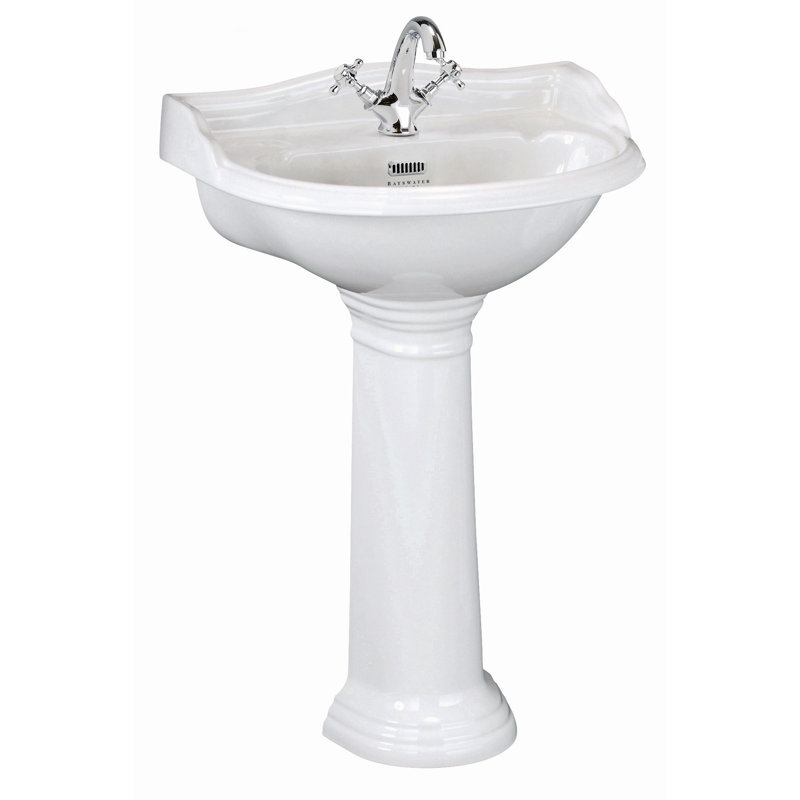 Nuie Porchester White Vitreous China U-Shaped Pedestal Basin Sink with Overflow, 29.1cm H x 60cm W x 50cm D
