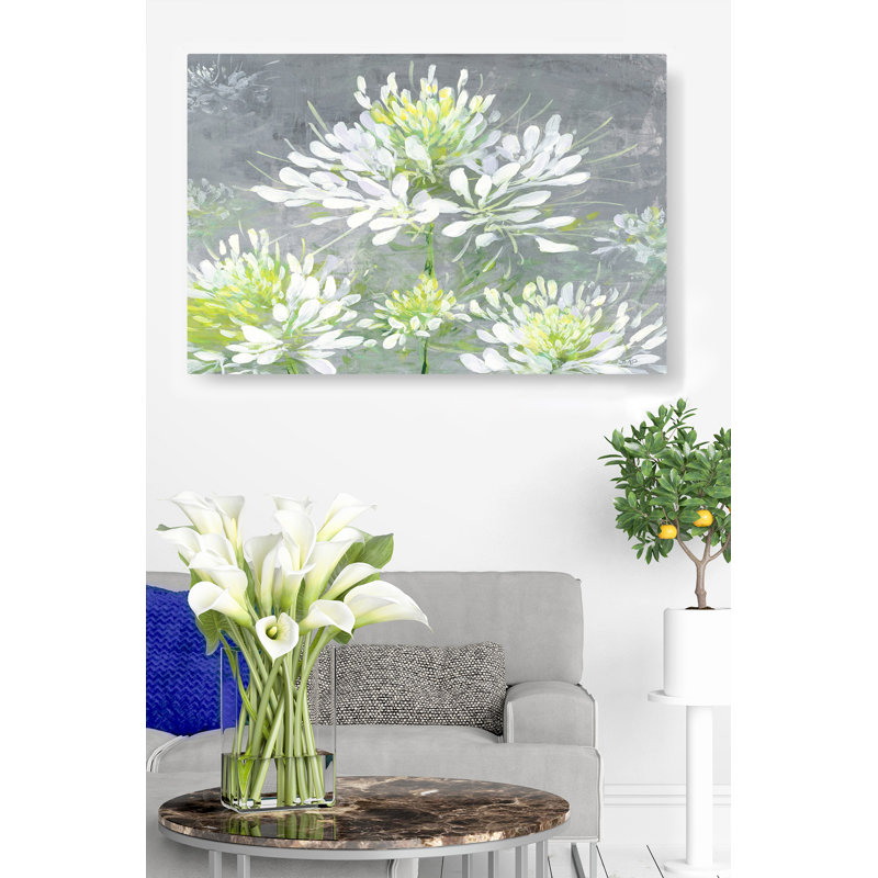 Fleurs, vert et blanc, sur fond gris, jaune, Cleome, floral, H 26 po x l 50 po x P 1,5 po