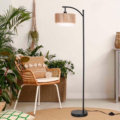 Floor Lamps For Living Room With 12W LED Bulb, Arc Floor Lamp With 3 Color Temperatures, Floor Lamps With Adjustable Rattan & Fabric Shades
