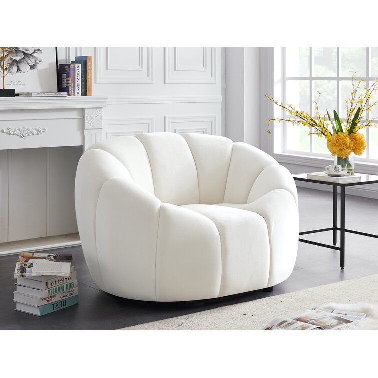 Cream White Polyester Accent Chair Velvet Armchair with Lumbar Pillow for Living Room