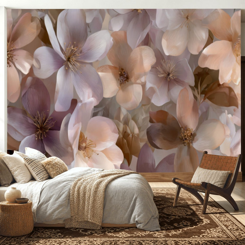 Adhésif mural pelez et collez L 100 po x l 144 po pour chambre à coucher - avec décoration botanique luxueuse, imprimé floral rosé doux