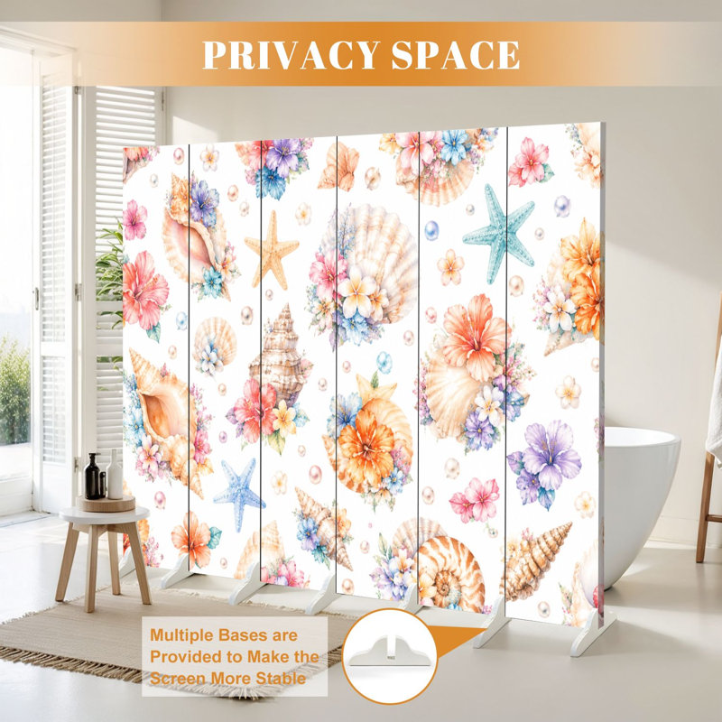 Cloison pliante 6 panneaux paravent Royal Seashell Fleurs tropicales Étoile de mer Perles Toile Séparateur de pièce Cloison de protection autoportante Cloison d'intimité pour salle de bain