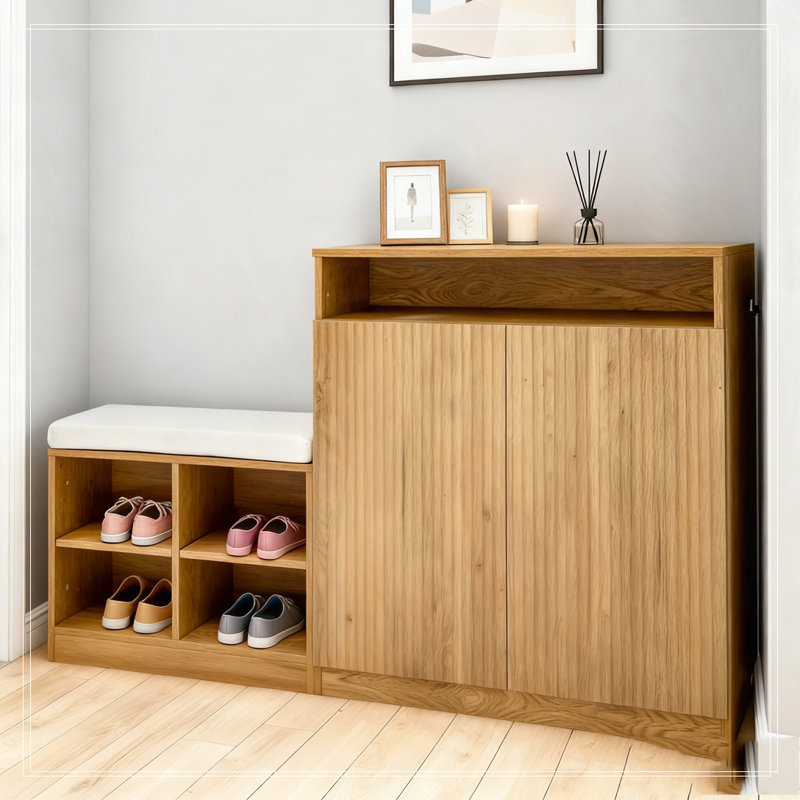 Cabinet with Shoe Bench,2 Doors and 3-Tier Adjustable Shelves, Natural