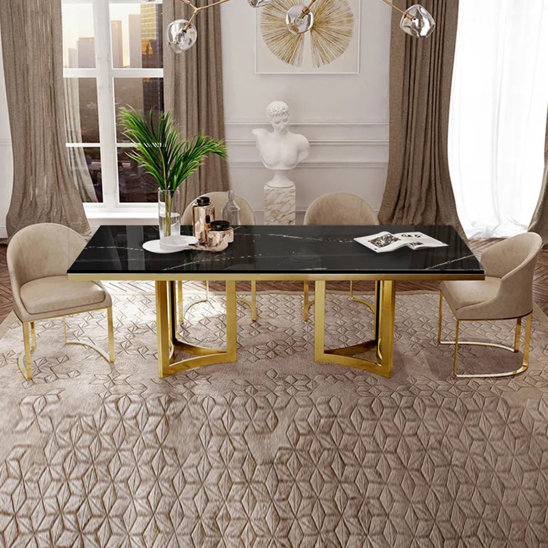 Markhi Modern Black Faux Marble Dining Table with Double Pedestals Base Pre-Assembly, 31.5" W x 55.12" L