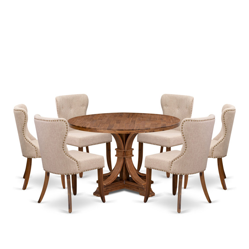 7 Piece Kitchen Set Includes a 48" Round Table with Pedestal and 6 Light Tan Linen Fabric Upholstered Chairs, Antique Walnut