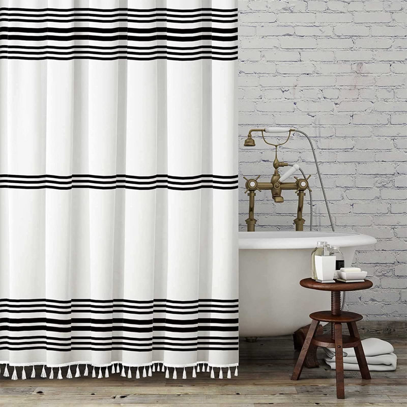 Rideau de douche blanc en tissu à pampilles de 84 po pour salle de bain, 72 x 84, noir et blanc