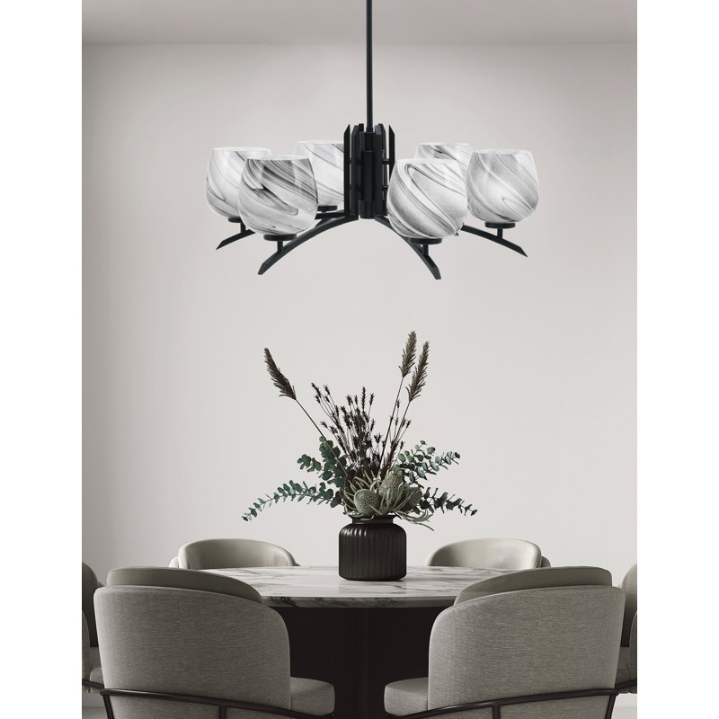 Lustre lumineux avec verre tourbillon onyx 6 po, H 58,25 po x l 27,5 po x P 27,5 po, Noir mat, 6