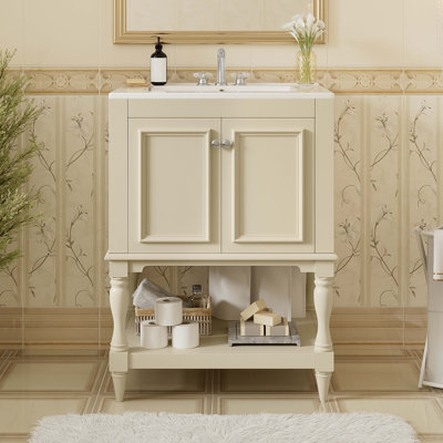 Meuble-lavabo de luxe moderne de 24 po avec lavabo en céramique, meuble de salle de bain avec tablette ouverte et rangement fermé