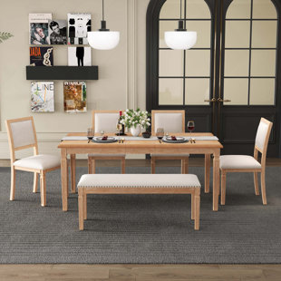 6PCS Vintage Dining Set, Farmhouse Extendable Rectangular Dining Table With 4 Chairs & Bench