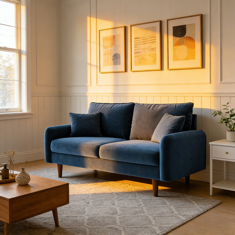 56.3" Velvet Spring-Padded Loveseat Comfort Sofas, Space Blue