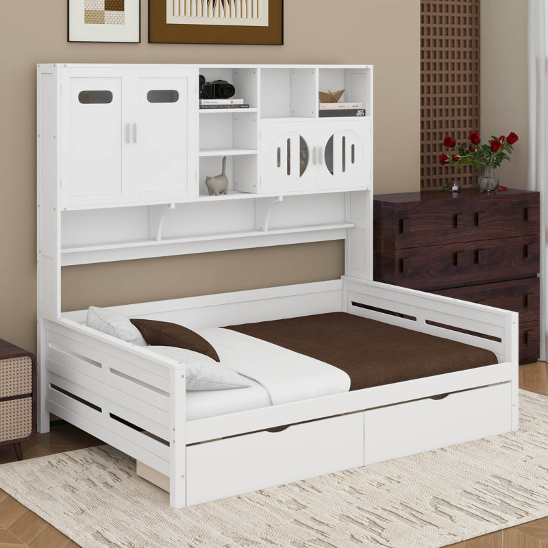 Full Size Wooden Daybed With Drawers, White