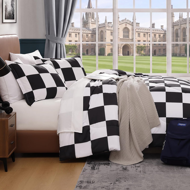 Édredon simple à carreaux Andency (66 x 90 po), ensemble de lits en vichy écossais blanc et noir pour enfants, literie en microfibre géométrique légère BCBG, 2 pièces