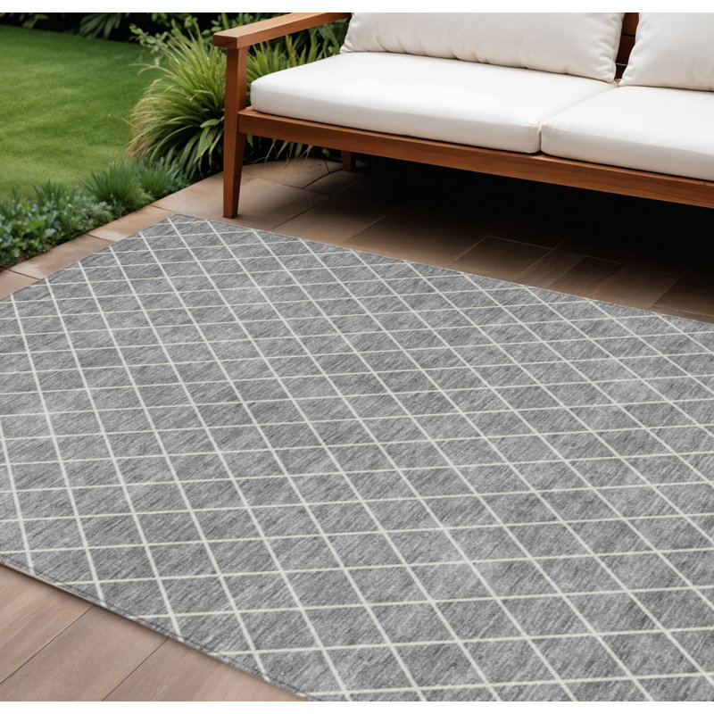 Tapis intérieur / extérieur géométrique lavable gris et ivoire 8 pi x 10 pi
