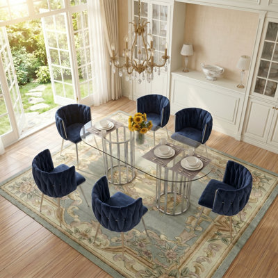 Modern Light Luxury Oval Glass Dining Table Set For 6, Home Kitchen Dining Room Furniture With Sturdy Metal Frame, Ergonomic Velvet Upholstered Chairs, Transparent Tabletop, Black Chairs