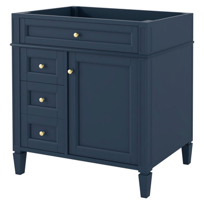 Meuble-lavabo de style moderne de 30 po, 3 tiroirs avec tiroir basculant, organisateur de porte d'armoire, tablette réglable, glissières de tiroir en métal lisse, rangement divers, pieds romains, poignée texturée, bleu et bois massif
