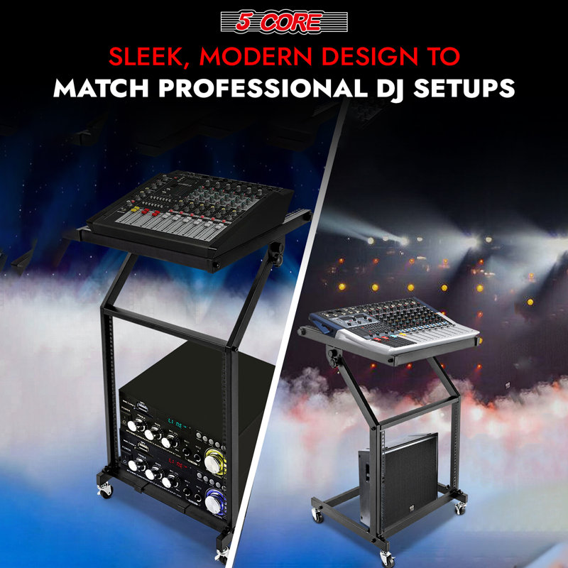 5 Core 9U Professional Audio Rack Mount DJ Mixer Stand Studio Adjustable Table Cart with Wheels