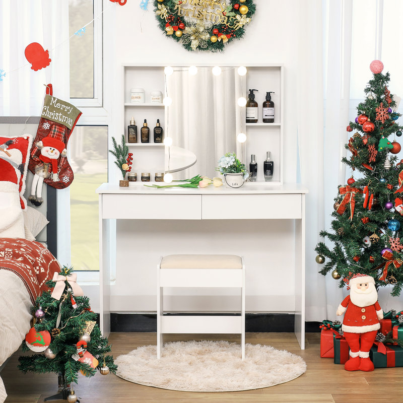 Ensemble coiffeuse avec tabouret et miroir Davisboro, Blanc
