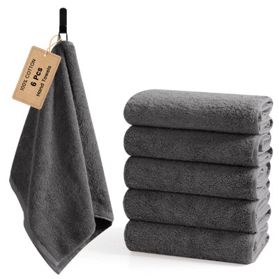 Paquet de 6 essuie-mains en coton gris pour salle de bain avec boucles d'accrochage Serviettes latérales d'évier pour sécher les mains et le visage, idéales pour les salles de bain, les salles de bain d'invités, les salles d'eau, certifié OEKO-TEX, facile d'entretien
