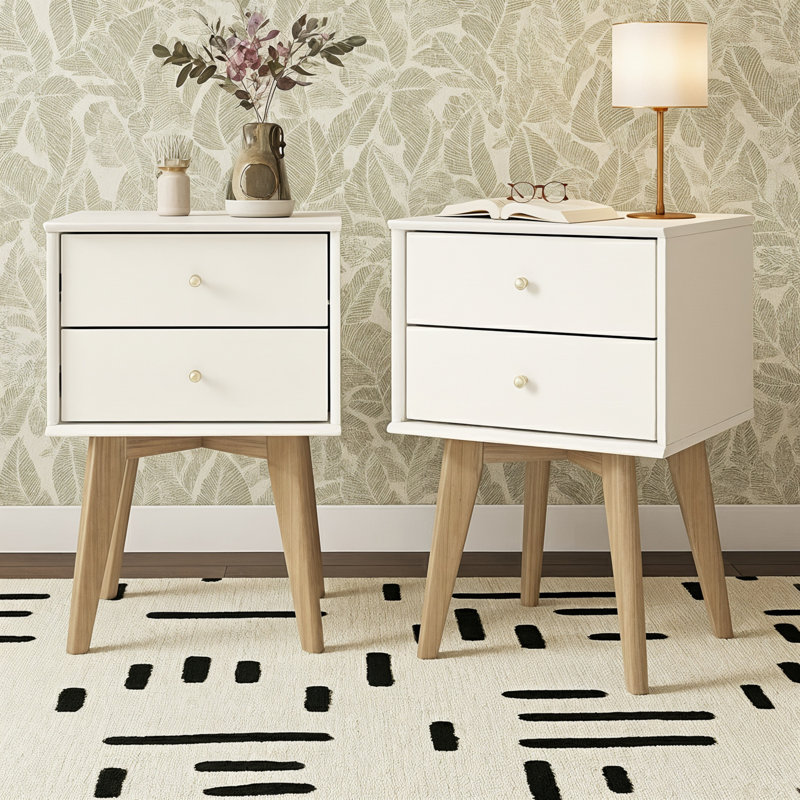ABBY Manufactured Wood Bedside Table Sets of 2, Ivory Euro Oak