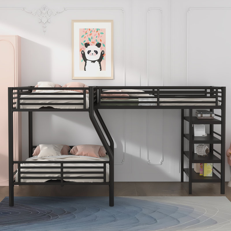 L-Shaped Bunk Bed And Loft Bed With Four Built-In Shelves