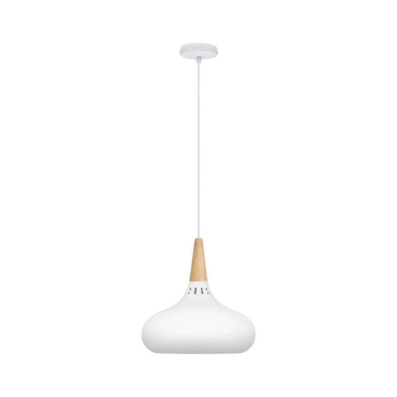 Radley 1 - White Industrial Pendant Light with Wood-Look Holder – Modern Retro Metal Dome Ceiling Light for Kitchen Island, Lounge, Dining Room, Cafe, and Bar (E27)