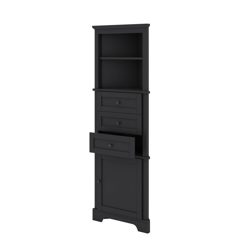 Armoire de coin triangulaire avec trois tiroirs et tablettes réglables, Noir