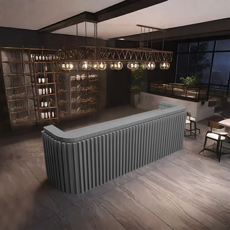 110.23-Inch Rustic Front Desk and Bar Counter with Storage and Wine Rack for Bars and Reception, Gray