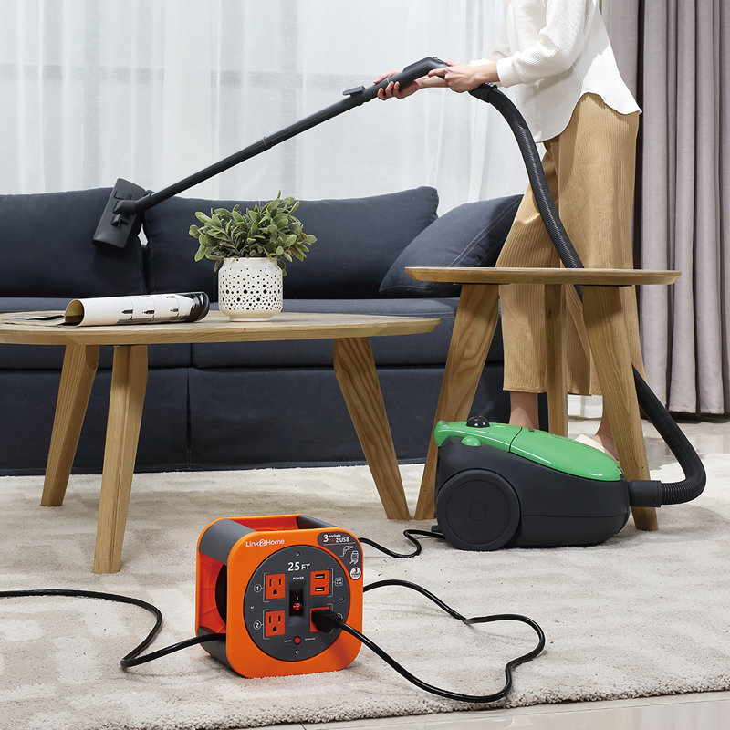 25 ft Black and Orange Extension Cord Reel with USB Ports