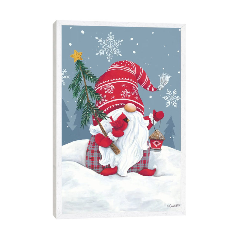 Snowy Gnome With Cardinal by Diane Kater - Print on Canvas, White Framed, 66.04 cm H x 45.72 cm W