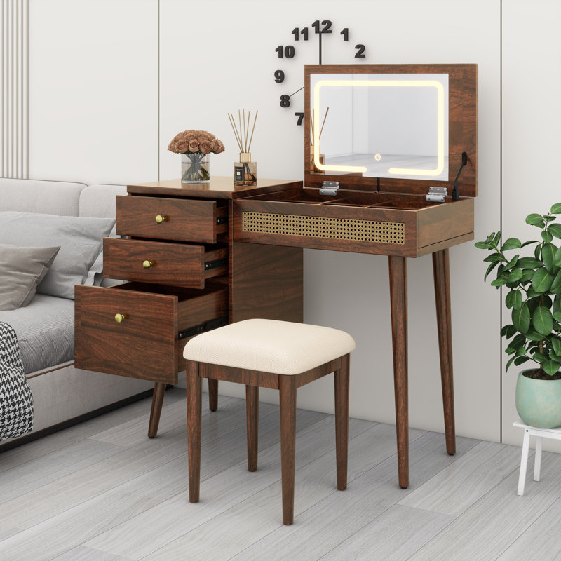 Bureau de coiffeuse fonctionnel avec tiroirs, miroir à DEL et espace de rangement