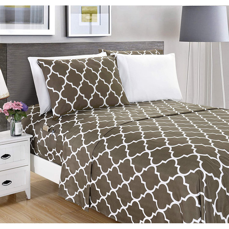 1500 Thread Count Luxury Soft Geometric Sheet Set, King Sheet Set + Fitted Sheet + 4 Pillowcases, Gray