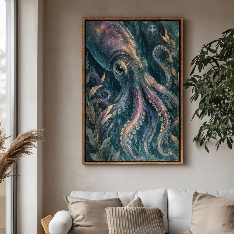 Art mural encadré sur toile - calmar sous-marin et scène de méduse - 16 po x 24 po, 24 po x 36 po, 24" H x 16" W, Natural