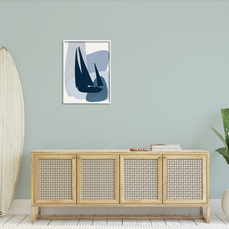 Abstrait voilier bleu Silhouet par Patricia Pinto 951, H 30 po x l 24 po x P 1,5 po, Giclée encadrée blanc bord de mer