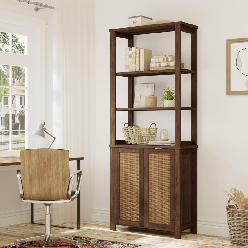 6-Tier Rattan Bookshelf – Boho Style Tall Bookcase with Doors, Storage Cabinet, and Display Shelves for Living Room, Bedroom, or Home Office, Walnut