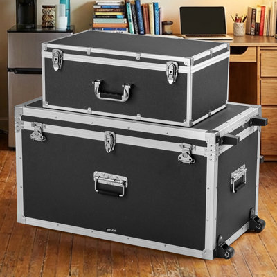Metal Storage Trunk, Set of 2, Wooden Suitcase Storage Boxes with Padlocks, Large Trunk Includes Casters & 3 Metal Handles, Decorative Store Chest with Lids for Travel, Apartment, Dorm, Black